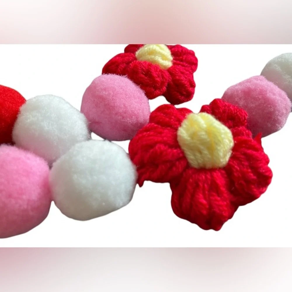 6ft Valentine's Day Red Pink White Florals Pom Pom Garland Handmade copper wire